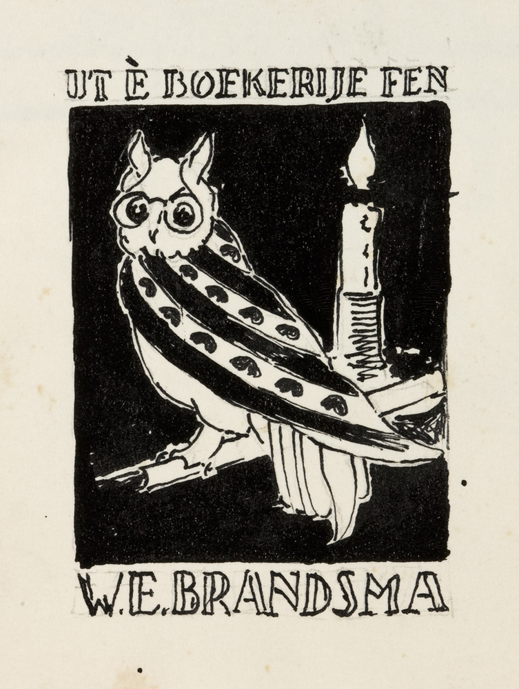 Ontwerp voor ex-libris 'Ut 'e boekerije fen' W.E. Brandsma
